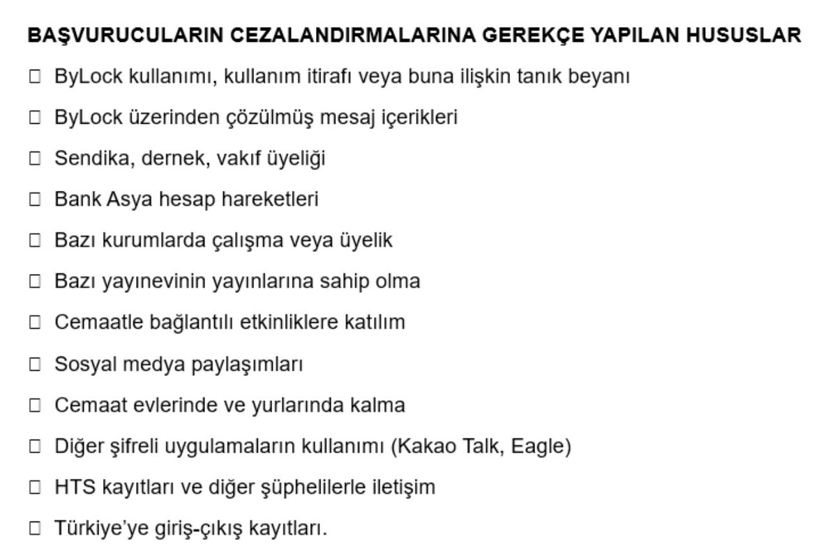 AİHM, Demirhan ve Diğerleri Kararında Ne Dedi?

1⃣ ⚖️AİHM, Demirhan ve diğerleri kararında, sadece Bylock'un değil, delil olarak kabul edilip cezalandırmaya gerekçe yapılan ve adına "kriter" denilen görseldeki hususların da cezalandırmaya gerekçe yapılamayacağını ve bunların