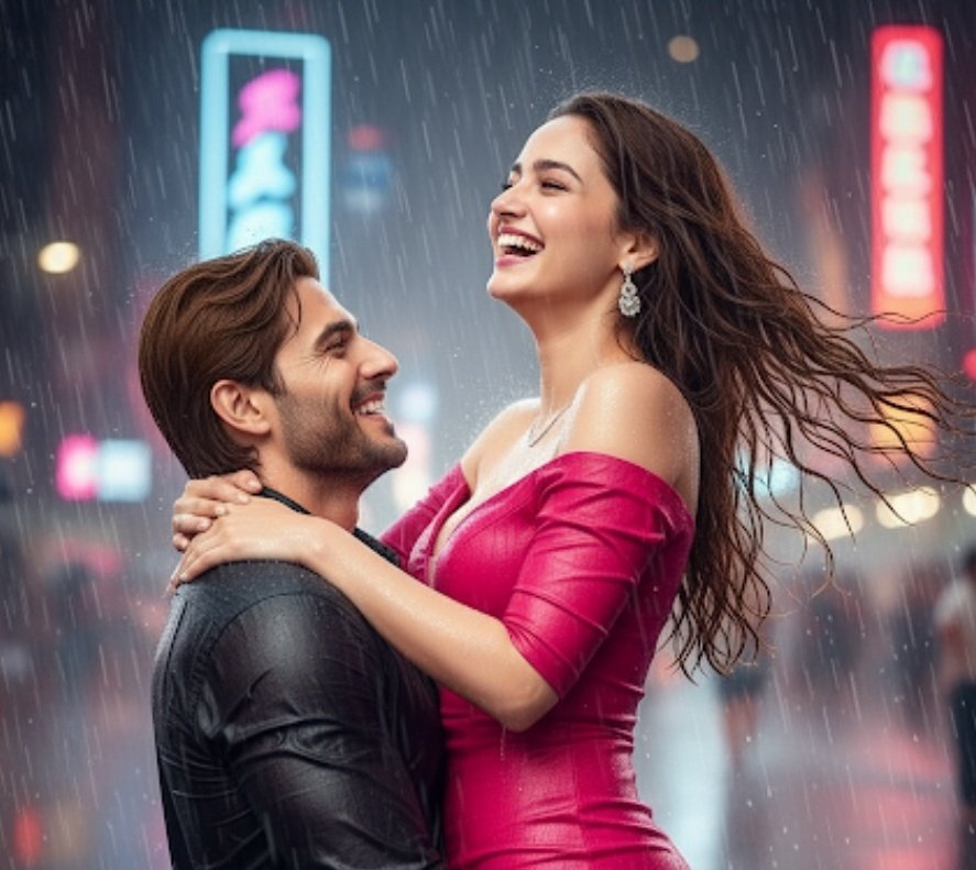 ReemKhan_07's tweet image. Rainy nights and raw romance.

Made it on Gemini 

Prompt 👇 A romantic couple is laughing joyfully while standing close together on a rainy city street at night. The woman, with features resembling the user-uploaded image, has wavy brown hair and is wearing a vibrant, wet pink…