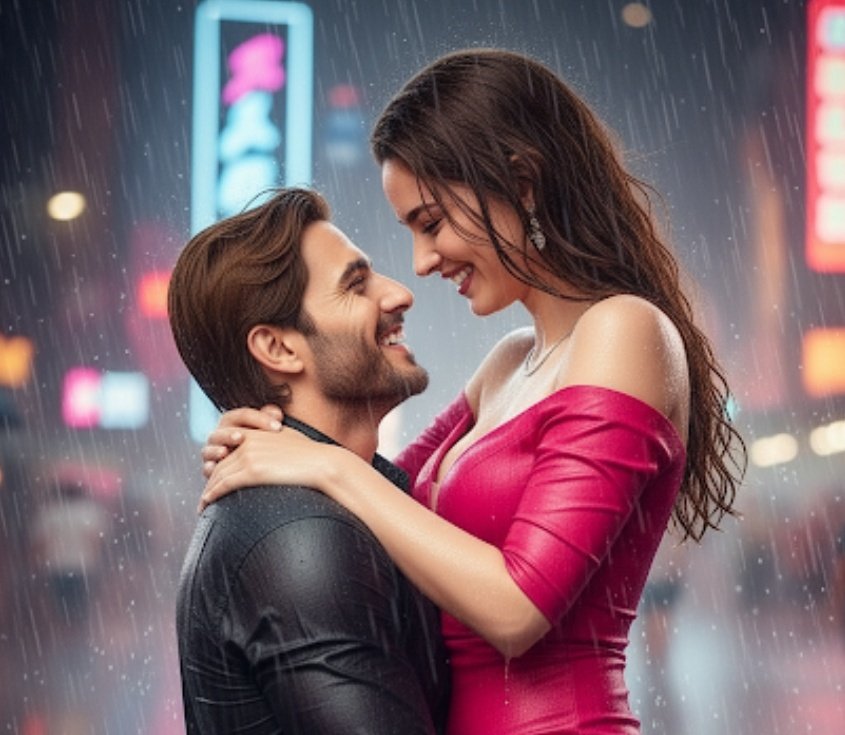 ReemKhan_07's tweet image. Rainy nights and raw romance.

Made it on Gemini 

Prompt 👇 A romantic couple is laughing joyfully while standing close together on a rainy city street at night. The woman, with features resembling the user-uploaded image, has wavy brown hair and is wearing a vibrant, wet pink…