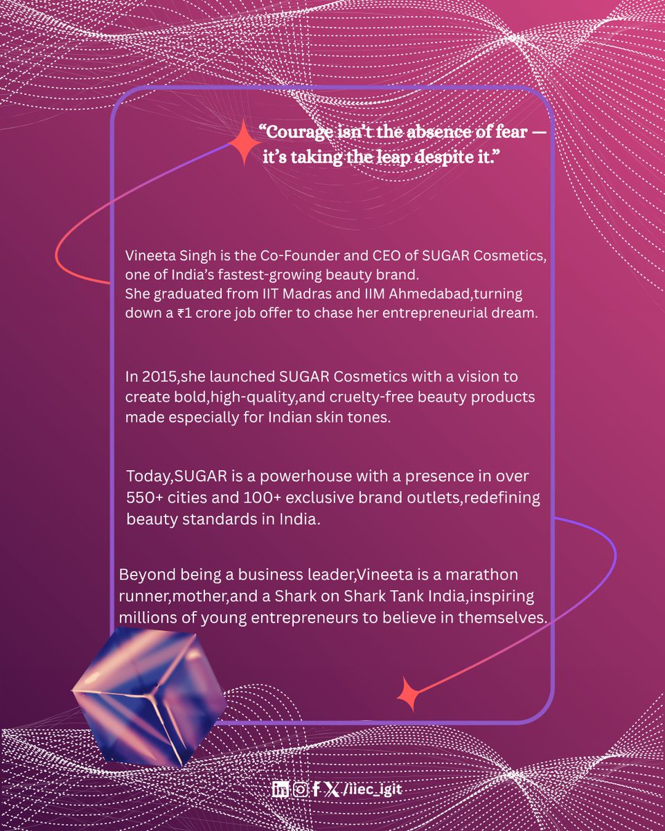IIEC_igit's tweet photo. Turning challenges into charm and dreams into reality .
Here’s to Vineeta Singh, Co-Founder of SUGAR Cosmetics, inspiring millions to chase their goals fearlessly!
#MondayMotivation #IIEC #IGITSarang #StartupInspiration https://t.co/iD74I7p3qe
