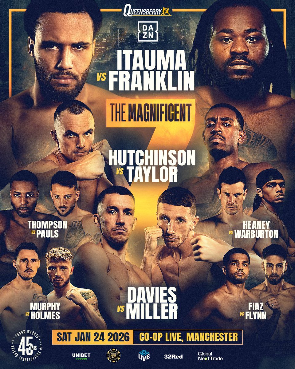 SimBoxx1's tweet image. 🥊 

📍 Manchester 
📅 24.01.26
📺 @DAZNBoxing

@MosesItauma v @JermaineFrankl6 

@willyhutchinso v @EzraTaylor_ 

@shakielthompson v @brad_pauls 

@NathanHeaney v @geromewarburton 

@Liamdavies_2 v @ZakMiller_ 

@alexmurphy0404 v @JoshJHolmes_ 

@AqibFiazBoxing v @jordz_flynn
