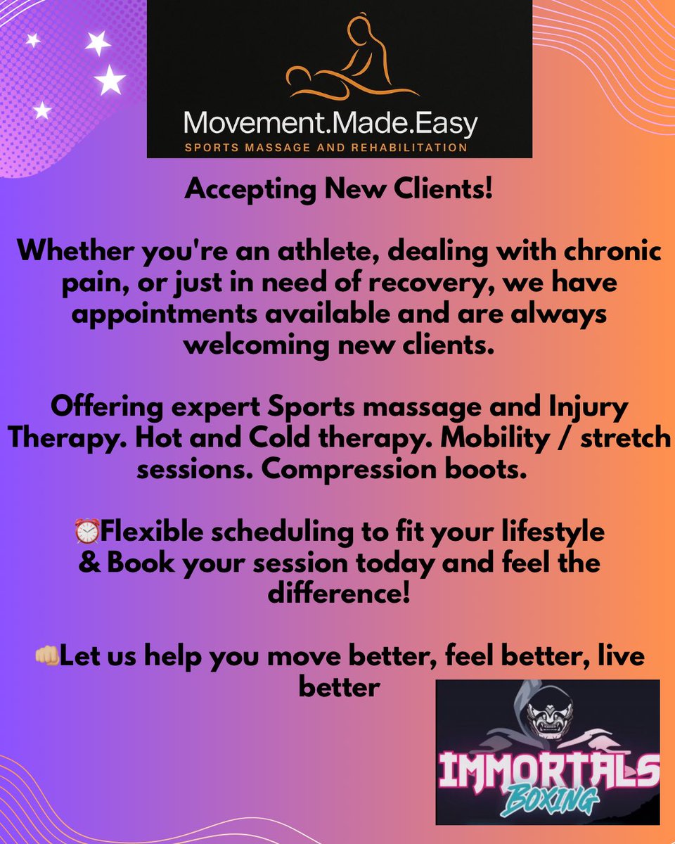 🧡💜 New clients welcome, always 

👀 Struggling with tension, injury and lack of mobility? Get yourself booked in for treatment and see how much better you’ll feel