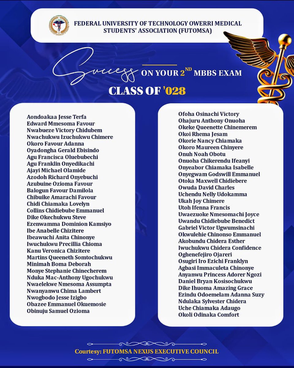 FUTOMSA's tweet photo. 🎓 Wishing the 0’28 class Success on their 2nd MBBS Exam! 🩺

Dear Future Doctors🥼,

As you step into this crucial phase of your medical journey, may your minds be sharp, your spirits steady, and your hearts confident. https://t.co/lY9rd2VcKl