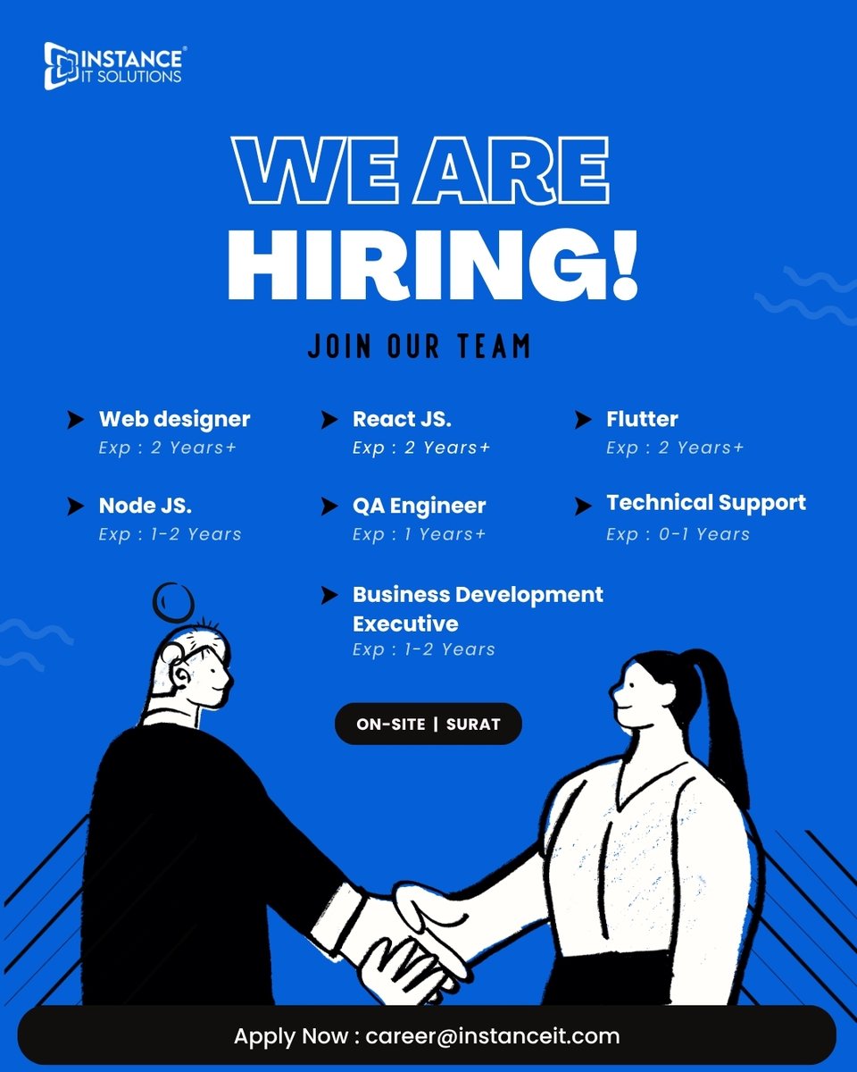 instance_it's tweet image. We are expanding our team at Instance IT Solutions! 🚀

If you’re ready to build, learn, and achieve more:
📩 Send your resume to: career@instanceit.com

Let’s build amazing things together! ✨

#WeAreHiring #ITJobsSurat #TechCareers #JoinInstanceIT #CareerGrowth #SoftwareJobs