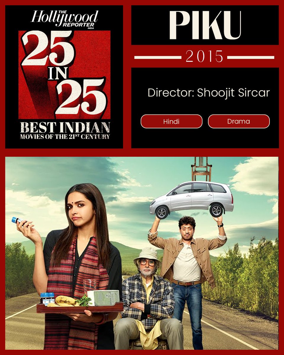THRIndia_'s tweet photo. The Hollywood Reporter India picks the 25 best Indian films of the 21st century.

#ShoojitSircar and #JuhiChaturvedi’s intimate, relatable family drama #Piku captures the mess and humour of everyday life. 

Read the full feature here: https://t.co/y0oR4aql90 https://t.co/HsLh0wEKOz