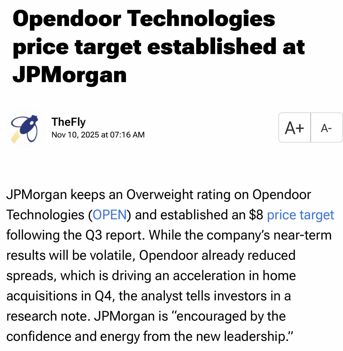 BlueDot_Techs's tweet image. JPMorgan just put an Overweight rating on $OPEN with an $8 price target.

They’re seeing:
• Reduced spreads
• Acceleration in home acquisitions
• Confidence from new leadership

This isn’t retail guessing.
This is a major bank saying the turnaround is real.

We’re still at…