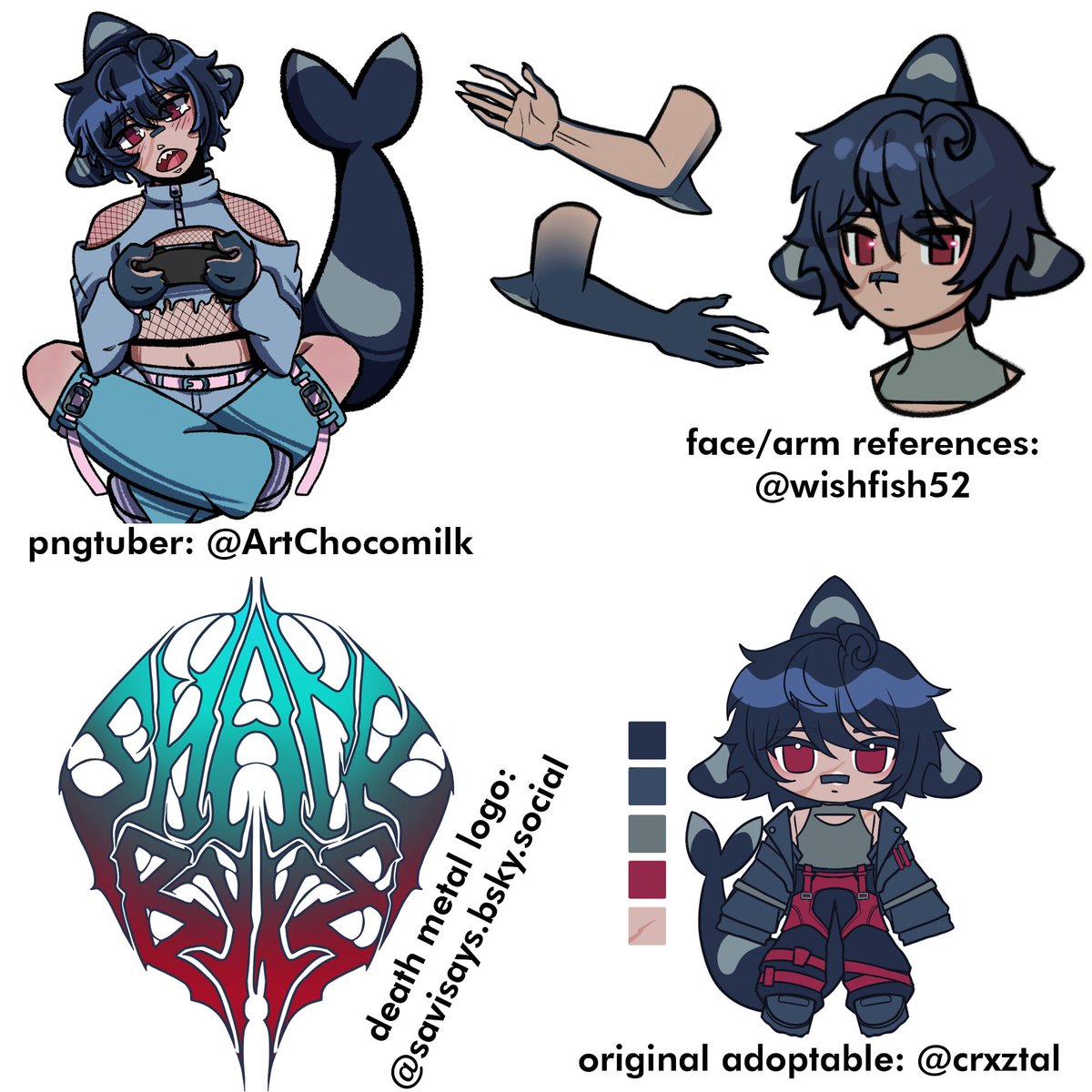 SharkbyteVT's tweet image. hi im sharkbyte 🌊🦈❤
i'm your femboy shork vtuber who loves 360-era shooters + being a menace

and this is my MOOD BOARD OF REFERENCES

pngtuber (outfit 1 of 3!): @/ArtChocomilk 
face/arms refs: @/wishfish52 
death metal logo: savisays 🟦☁
original adoptable: @/crxztal