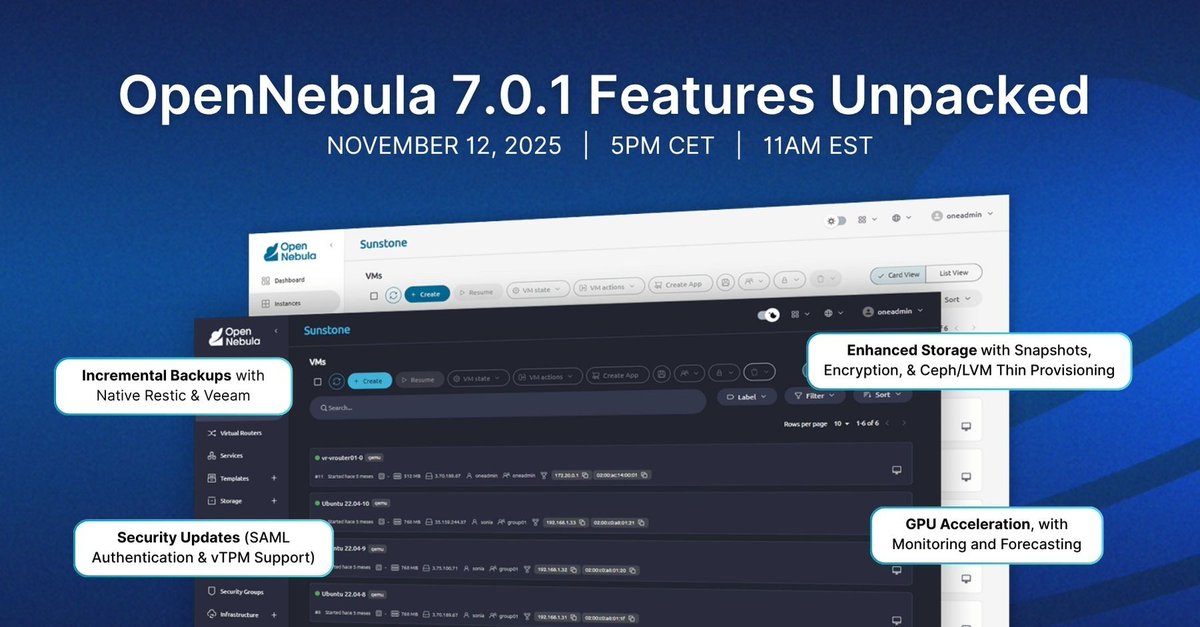 opennebula's tweet image. Final call ⏳ Don’t miss your chance to get first-hand insights into OpenNebula 7.0.1 — our latest release packed with powerful features and enhancements.

Register now ➡️ hubs.ly/Q03Smx5d0

#OpenNebula #GPU #AIinfrastructure #VMwaremigration