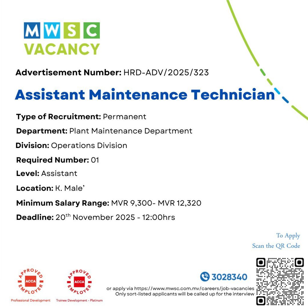 Be a part of MWSC!               
Apply now: mwsc.com.mv/careers/job-va…
#TeamMWSC