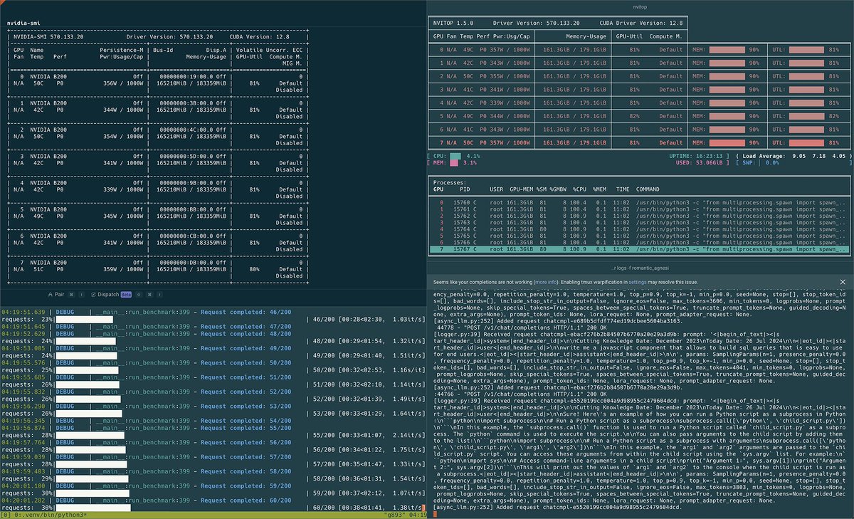 Hyperstackcloud's tweet image. 🔥💻  Live look at our NVIDIA B200 SXM’s putting in work

Here’s a glimpse behind the scenes: our NVIDIA B200 SXM units are live, loaded, and running real-world benchmarks.

Available to reserve now with Hyperstack. Let’s build the AI infrastructure your models deserve.

👉…