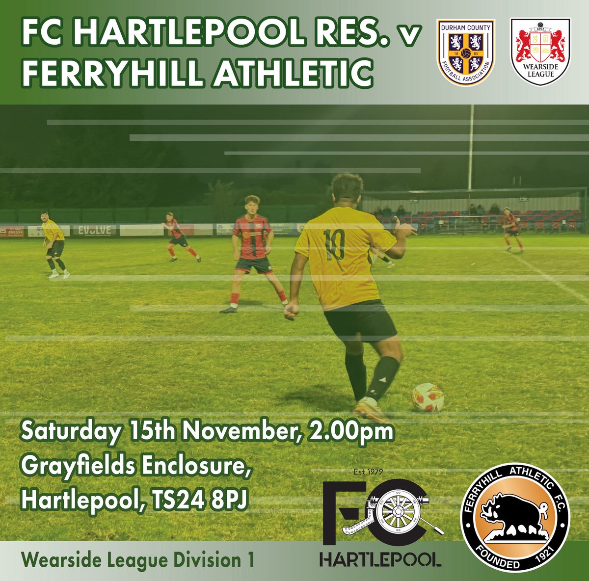 We’re back in league action on Saturday as we travel due east to Hartlepool.

🆚 <a href="/FC_Hartlepool/">FC Hartlepool</a> Res
📅 Saturday 15th November
⏰ 2.00pm
🏟️ Grayfields Enclosure, Hartlepool, TS24 8PJ