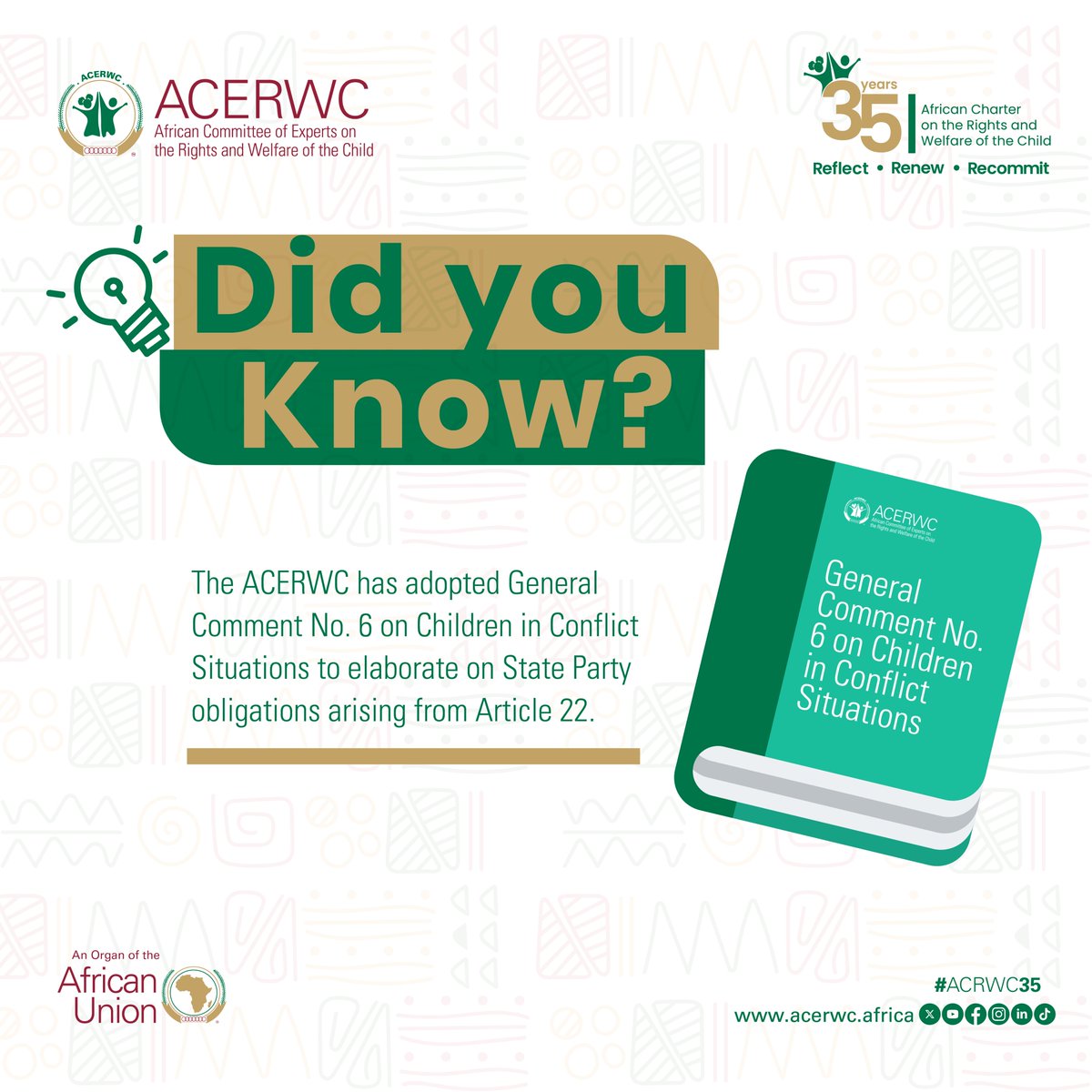 acerwc's tweet image. #DidYouKnow🤔that the ACERWC has adopted General Comment on Children in Conflict Situations? 

Find more on the GC which elaborate on State Party obligations arising from article 22: 🌐🌐🔗🔗 acerwc.africa/en/key-documen…

#AfricaFit4Children
#Agenda2040