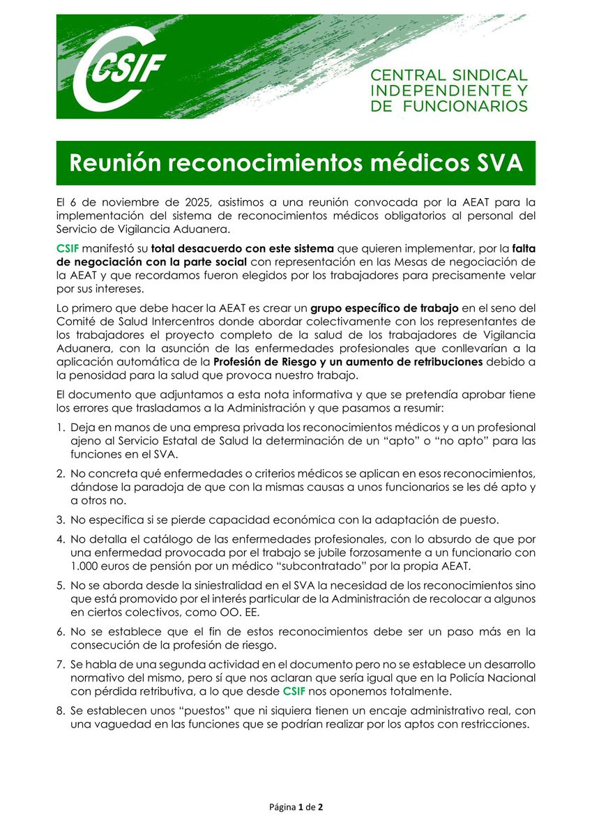 CSIFAEAT's tweet image. ⚠️Reconocimientos médicos SVA
CSIF rechaza el sistema propuesto por la AEAT (reconocimientos externalizados, sin criterios claros ni catálogo de enfermedades). Exigimos negociación en el Comité de Salud y reconocimiento de la profesión de riesgo.
#AEAT #SVA #SaludLaboral
