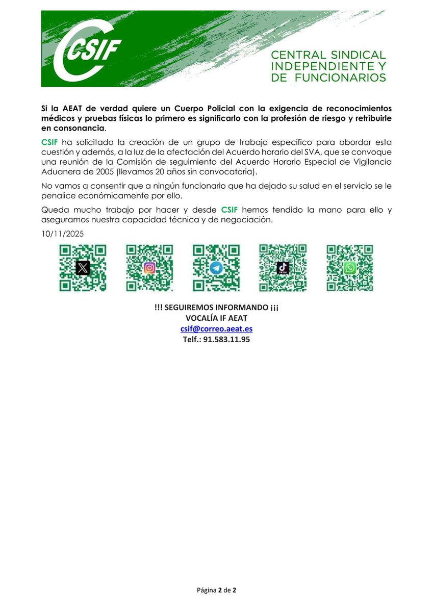 CSIFAEAT's tweet image. ⚠️Reconocimientos médicos SVA
CSIF rechaza el sistema propuesto por la AEAT (reconocimientos externalizados, sin criterios claros ni catálogo de enfermedades). Exigimos negociación en el Comité de Salud y reconocimiento de la profesión de riesgo.
#AEAT #SVA #SaludLaboral