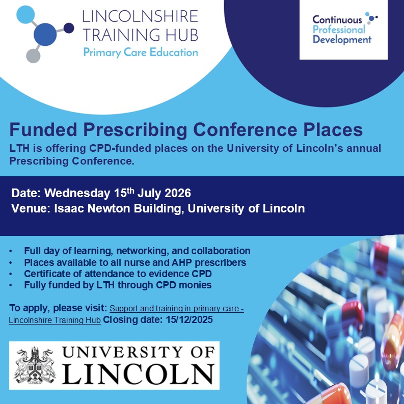 HubLincolnshire's tweet photo. We are pleased to offer a limited number of funded places on the University of Lincoln's 2026 Prescribing Conference. 

To apply for a funded place, please complete an online form under 15th December in the calendar at the following link: https://t.co/zwHkxfVD9g https://t.co/Ae3SnSdg6X