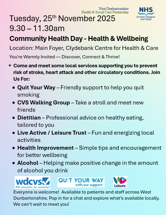 wdhscp's tweet image. We are holding a community health day at Clydebank Health and Care Centre tomorrow, 25th November, 9.30-11.30am, to promote some of the local teams here to help reduce your risk of stroke, heart attack and other conditions. Everyone is welcome. Spread the word! @WDCouncil