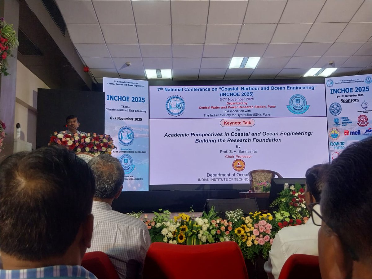 sasraj17's tweet image. Honored to deliver the Keynote Address at #INCHOE2025, organized by #CWPRS, Pune and #ISH.
Spoke on “Academic Perspectives in Coastal &amp;amp; Ocean Engineering”, highlighting research-driven innovation for a climate-resilient blue economy.
#CWPRS #ISH #IITMadras #oceanengineering