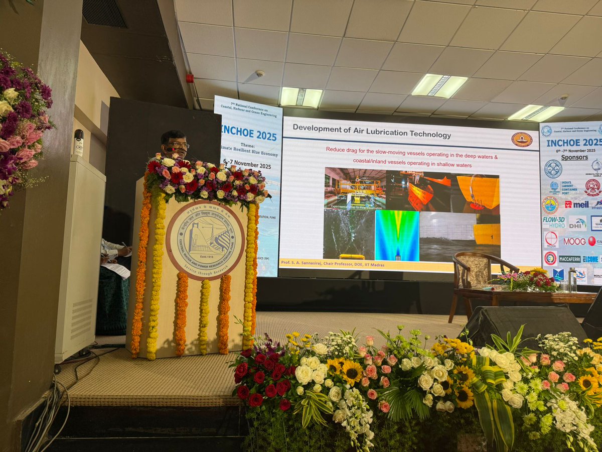 sasraj17's tweet image. Honored to deliver the Keynote Address at #INCHOE2025, organized by #CWPRS, Pune and #ISH.
Spoke on “Academic Perspectives in Coastal &amp;amp; Ocean Engineering”, highlighting research-driven innovation for a climate-resilient blue economy.
#CWPRS #ISH #IITMadras #oceanengineering