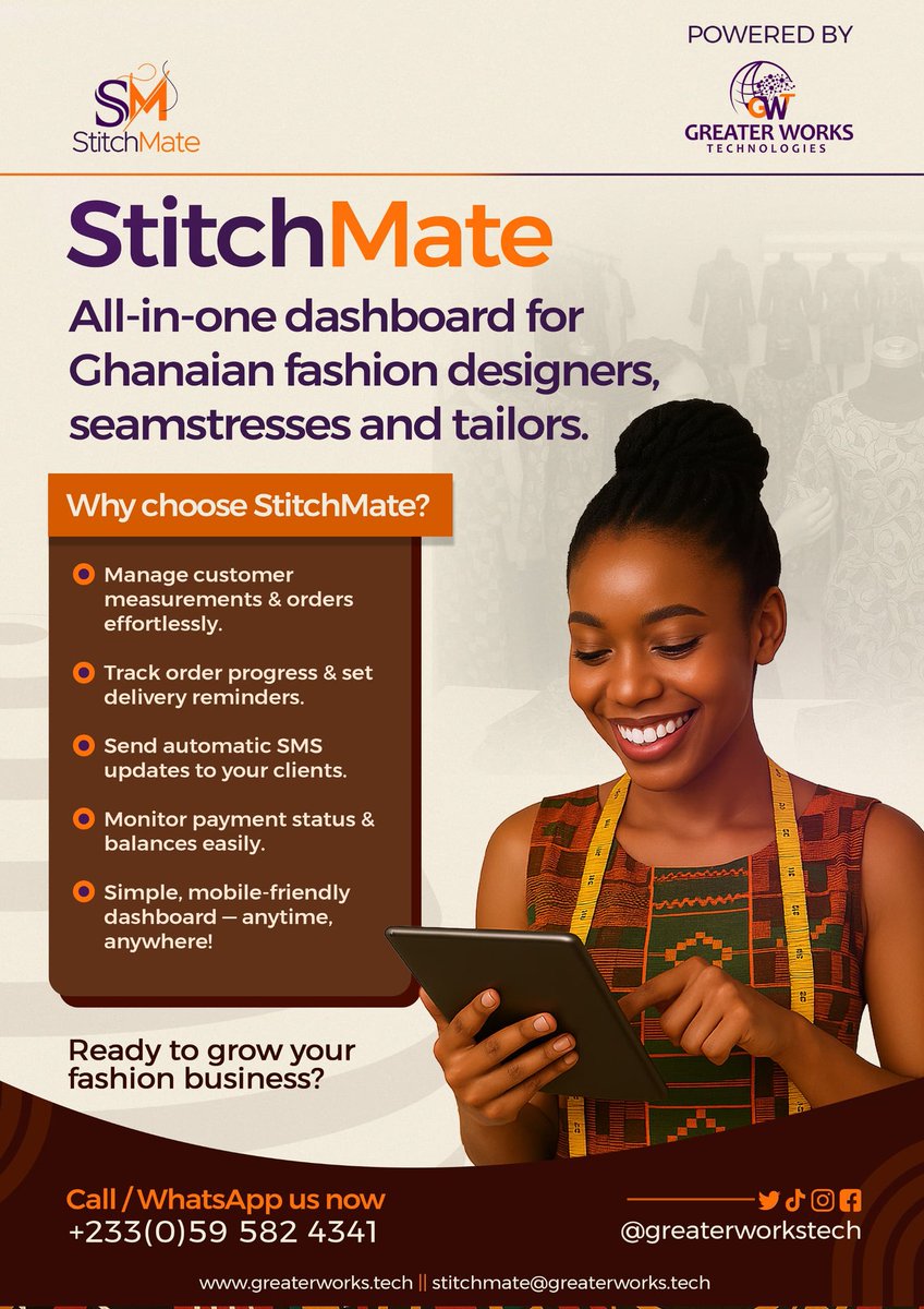 GreaterWorkTech's tweet image. We have officially launched StitchMate, a system designed to help fashion designers, tailors and seamstresses to manage orders, track customers, and grow their businesses with ease.

Download it here

Google Play Store:  play.google.com/store/apps/det…

iOS: stitchmate.greaterworks.tech/designers/sign…