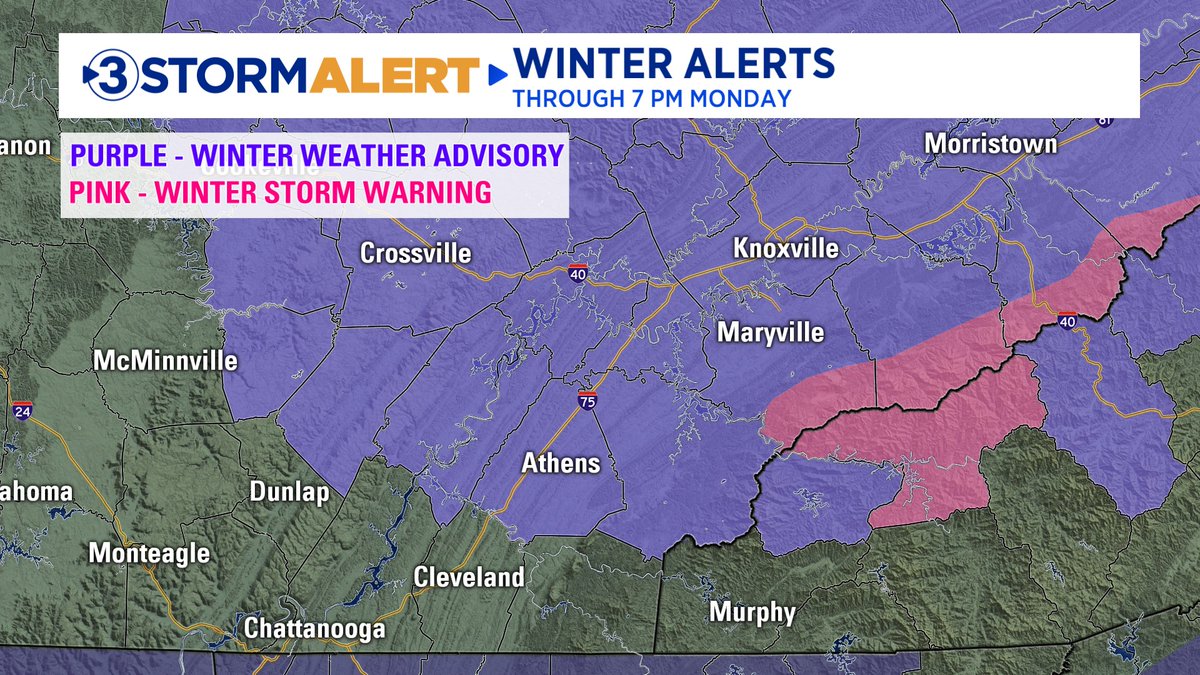 ClayLocal3's tweet image. A Winter Weather Advisory has been issued for the counties shaded in purple. This includes Bledsoe, Rhea, Meigs, McMinn, Monroe, and Van Buren Counties. Most areas will see less than an inch, but there could be a few pockets of 1-2&quot;.