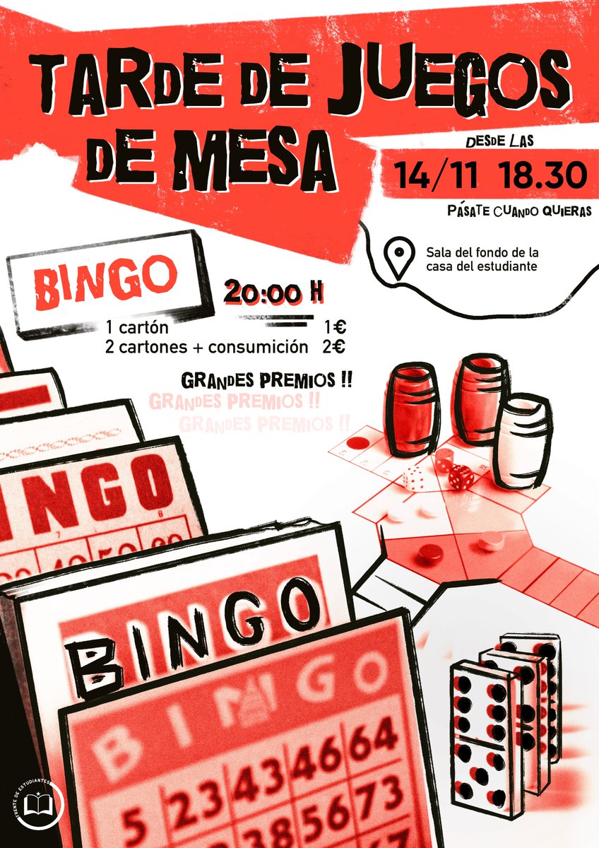 Tarde de juegos de mesa del FdE
🗓️ Este viernes, 14 de noviembre
🕐 A las 18.30h juegos variados, 20.00h BINGO
📍Sala del fondo de la Casa del Estudiante
¡Pásate a conocernos y llévate algún premio!