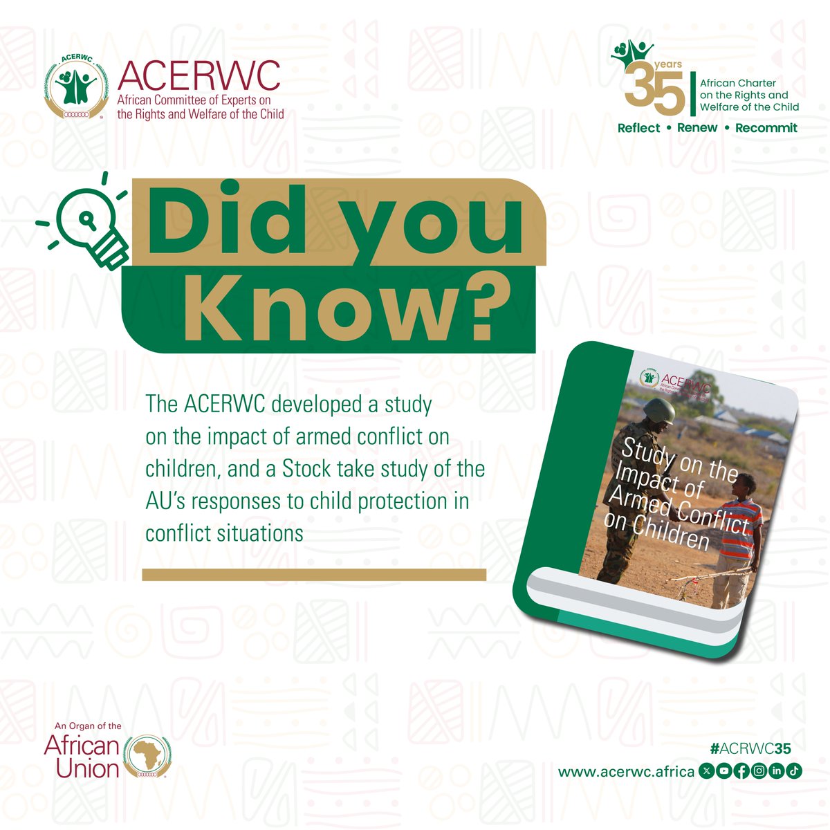 acerwc's tweet image. #DidYouKnow🤔that the Committee developed a study on the impact of armed conflict on children, and a Stock take study of the AU’s responses to child protection in conflict situations?

Read more about the studies on our website: 🌐🌐🔗🔗 acerwc.africa/en/resources/s…

#ACRWC35