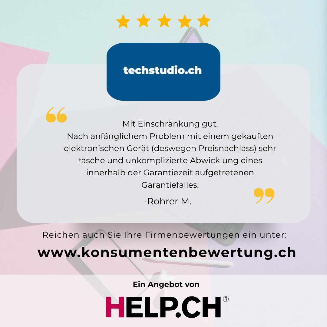 Help_ch's tweet image. Techstudio überzeugt mit Kompetenz, Innovation und Nähe zum Kunden.

Echte Kundenerfahrungen auf konsumentenbewertung.ch zeigen: Techstudio steht für Qualität, lösungsorientierten Service und nachhaltige Technologieberatung.
Vertrauen entsteht, wenn Kundinnen und Kunden ihre…