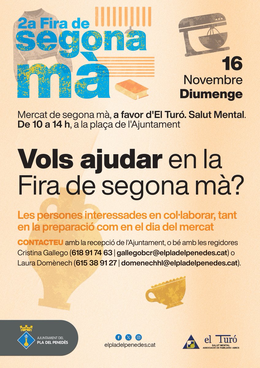 🤝 Vols ajudar en la Fira de segona mà? Les persones interessades poden contactar amb la recepció de l'Ajuntament, o bé amb Cristina Gallego 618 91 74 63 / gallegobcr@elpladelpenedes.cat, i Laura Domènech 615 38 91 27 / domenechhl@elpladelpenedes.cat

#PlaDelPenedès