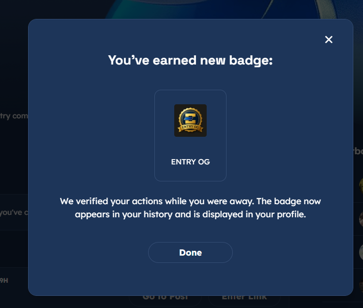 RÁPIDO ‼️

¡Reclama tu OG Badge gratis de Entry Network!

Entras, haces las tareas offchain que hay (conectar X, Discord, wallet) y directamente se te adjudicará el bad ENTRY OG

No tiene ningún coste ni nada:

🔗 portal.entry.network/loyalty?referr…

Aprovéchate y posiciónate muy early 🔥