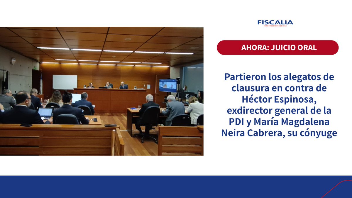 fiscaliaoriente's tweet photo. 🚨AHORA: Fiscalía de Alta Complejidad Oriente continúa con juicio oral 
Delitos por acusado:
➡️Héctor Espinoza, exdirector General de la PDI : Malversación de caudales públicos, falsificación de instrumento público y lavado de activos 
➡️María Magdalena Neira: lavado de activos https://t.co/8TPm3LMDTc