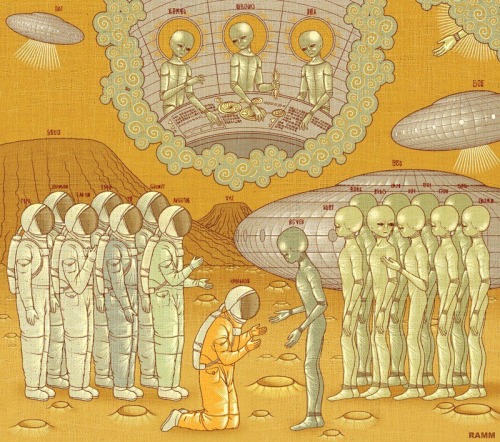 Central golden halo surrounds three seated alien figures with halos, resembling religious iconography, positioned at a table with objects. Flying saucers and light beams emanate around them against an orange background with a dove-like shape. Below, reddish Martian landscape with mountains features a group of astronauts in white suits kneeling before a tall slender gray alien extending its three-fingered hand. Additional UFOs hover in the sky, and more aliens stand nearby. The scene blends extraterrestrial and religious elements, signed RAMM.