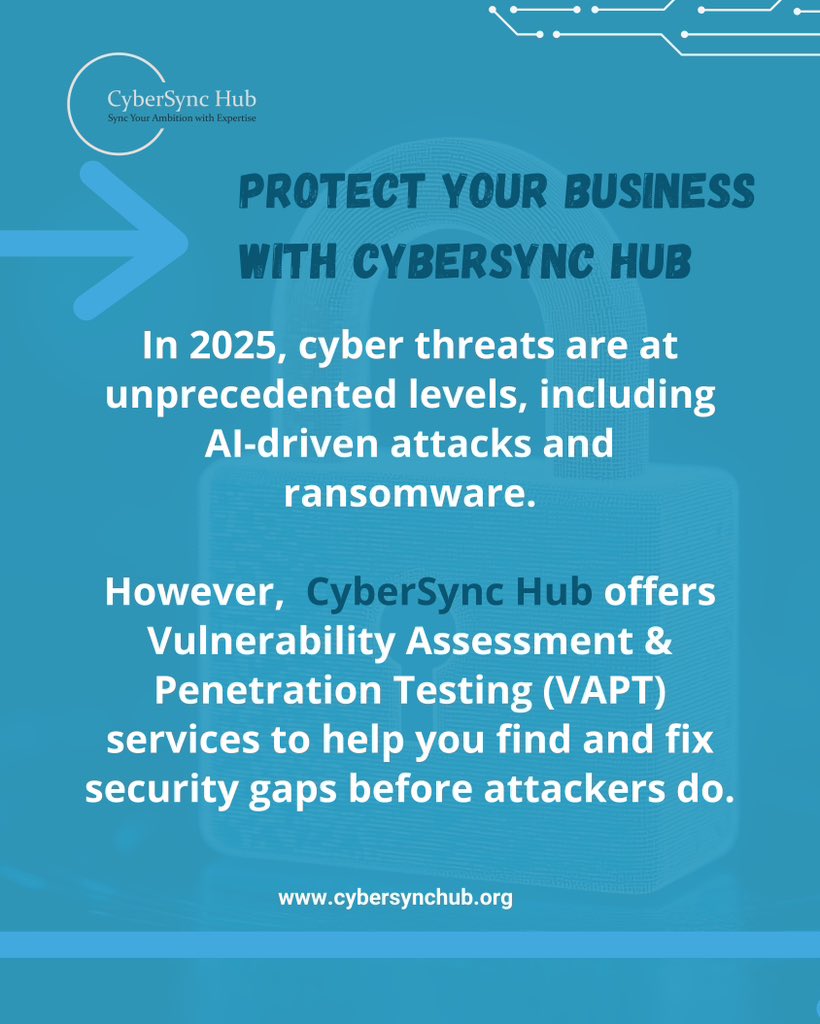 CyberSyncHub's tweet image. Don’t Wait for a Breach ,Prevent It.

Every unchecked vulnerability is a path for attackers.
Our VAPT services give you full visibility into risks and hidden threats before they become incidents.

Stay secure with CyberSync Hub.

#CyberSyncHub #CyberSecurity #VAPT  #DataProtect