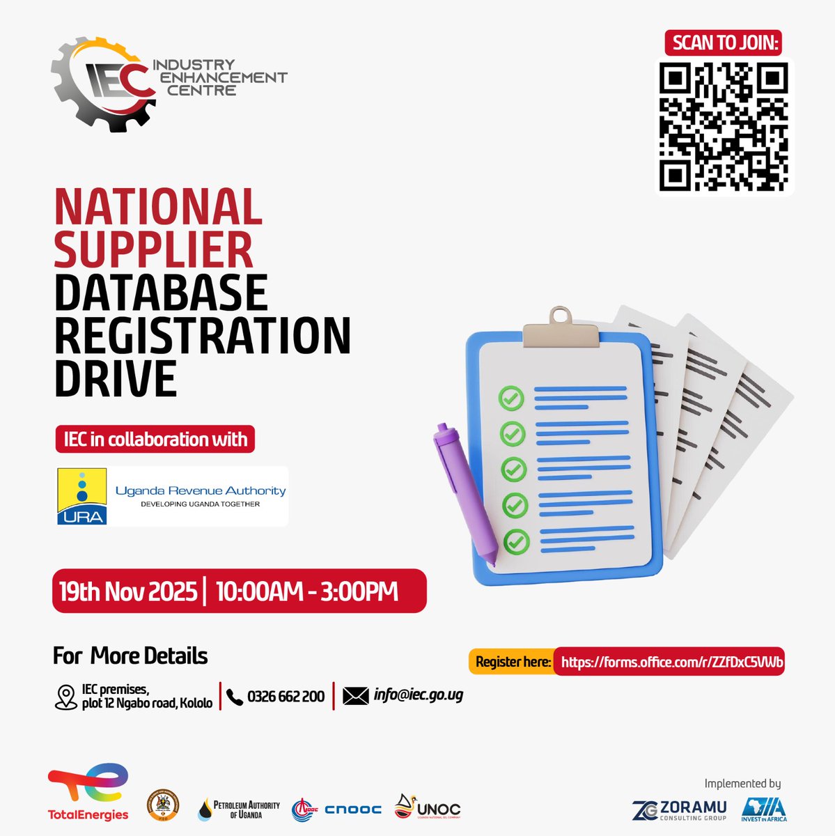 The Industry Enhancement Centre <a href="/IECUganda/">The Industry Enhancement Centre</a> , in collaboration with Petroleum Authority Uganda <a href="/PAU_Uganda/">PAU_Uganda</a>  , Uganda Revenue Authority <a href="/URAuganda/">Uganda Revenue Authority</a> invites all suppliers to participate in the National Supplier Database (NSD) Registration Drive scheduled for 19th November 2025, from