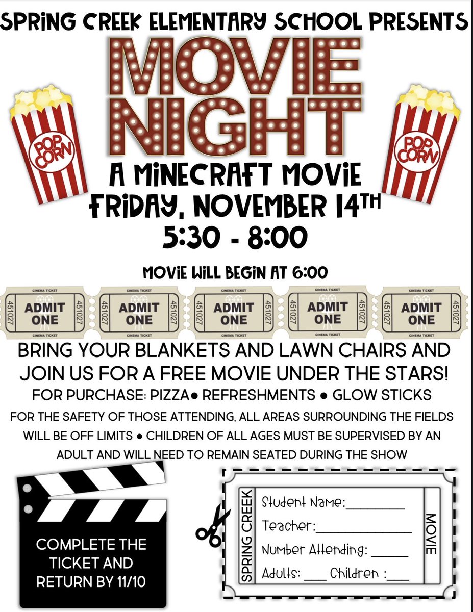 SpringCreekES's tweet image. Don’t miss out on movie night this Friday, November 14th! A Minecraft Movie starts 6:00pm with doors opening at 5:30pm. Pizza, refreshments and glow sticks will be available for purchase! Please turn in RSVP’s by November 10th! 🍿🎥✨