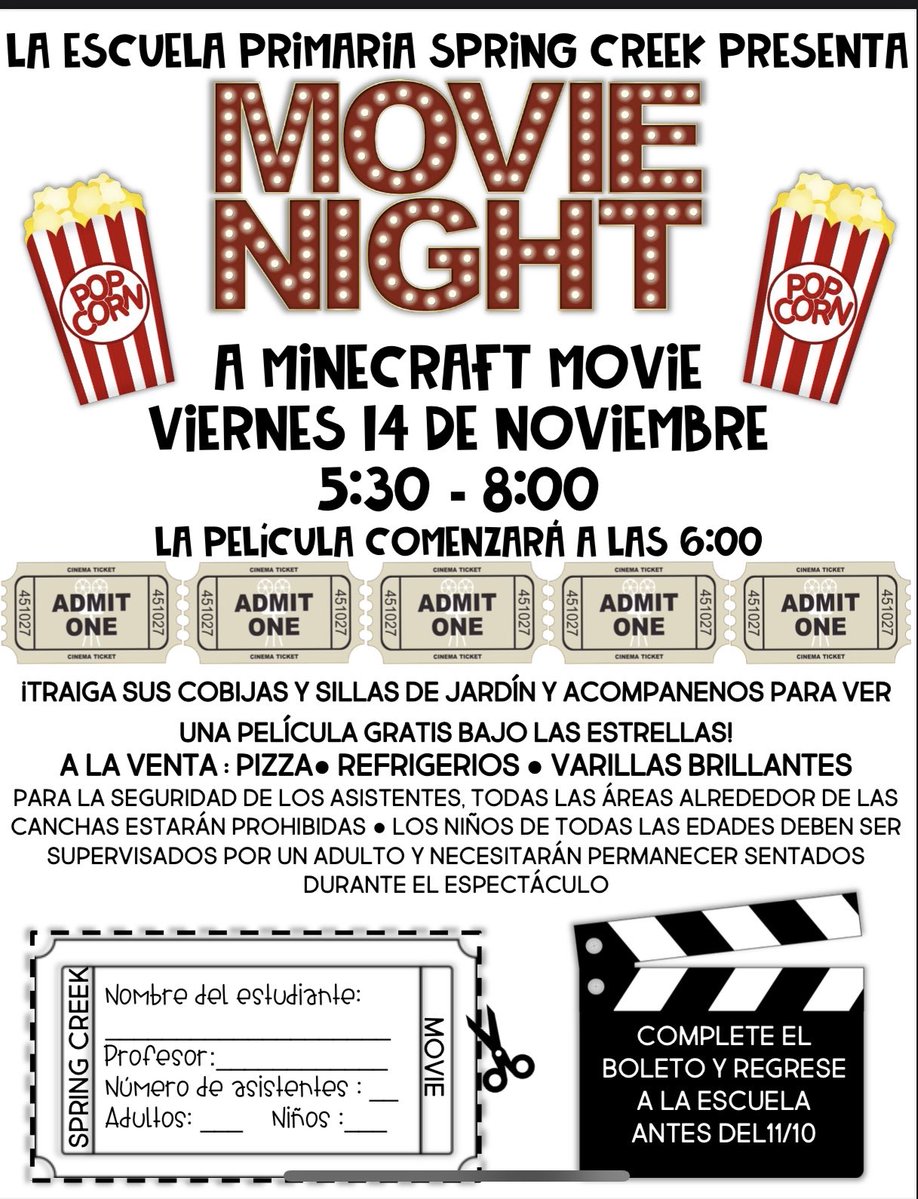 SpringCreekES's tweet image. Don’t miss out on movie night this Friday, November 14th! A Minecraft Movie starts 6:00pm with doors opening at 5:30pm. Pizza, refreshments and glow sticks will be available for purchase! Please turn in RSVP’s by November 10th! 🍿🎥✨
