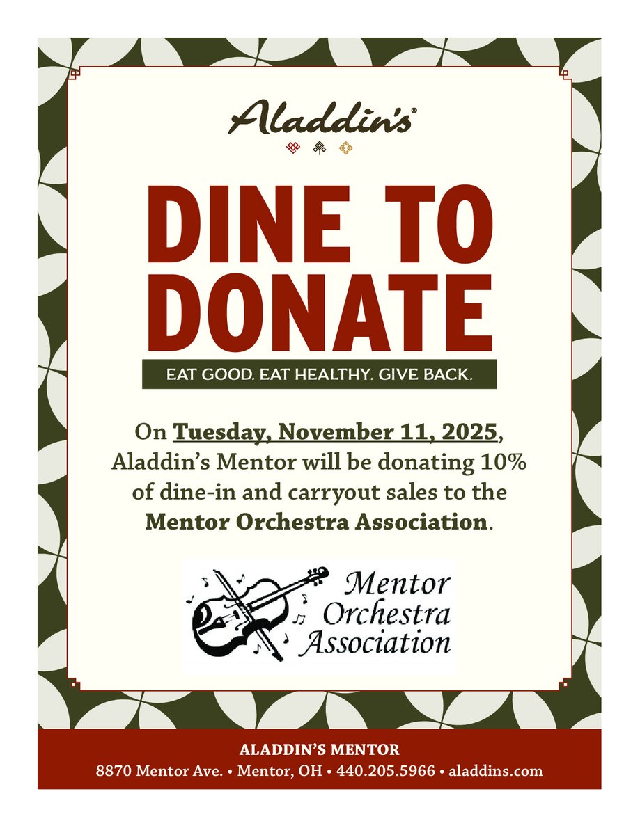 Everyone will need some good comfort food TOMORROW! Make plans for lunch or dinner. Dine in or carryout. Spread the word to family, friends and co-workers! GO!!

Carry out must be ordered directly through the Aladdin's website (NO Doordash or Uber Eats). tinyurl.com/Aladdins-Mento… .