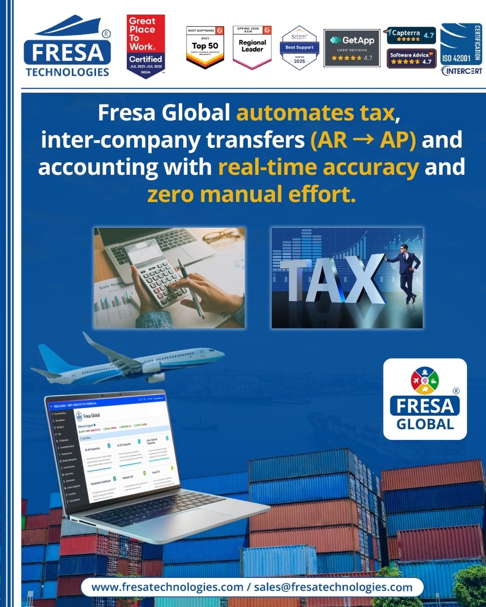 🚀 Fresa Global automates tax, inter-company transfers (AR → AP), and accounting with real-time accuracy and zero manual effort!

🔍 For more details, visit here 👇 🔗
🌐 fresatechnologies.com/products/fresa…

#FresaGlobalERP #AIPoweredSoftware #FreightForwarding #LogisticsSolutions