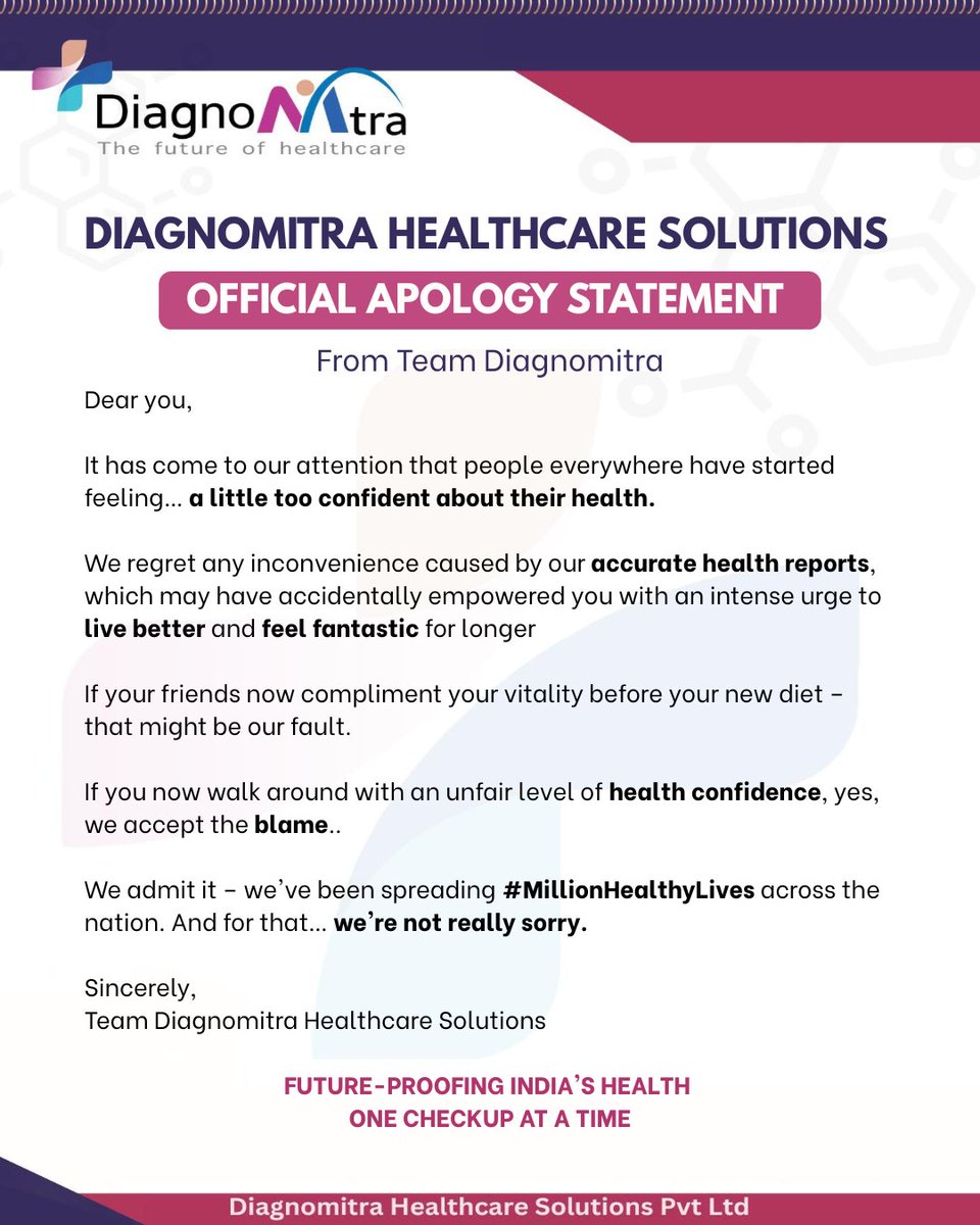 diagnomitra's tweet photo. The Official Apology from Diagnomitra 🙏🏻

We admit it—we've been spreading #millionhealthylives  across the nation. And for that... we're not really sorry. 😉

Ready to join the confidently healthy? Book your checkup today

#diagnomitra #healthcheckup #notsorry #wellness https://t.co/i57H2ifEfA