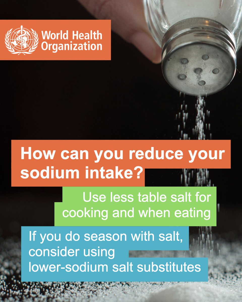 Reduce your salt🧂 intake, here’s how:

1️⃣ Use salt sparingly &amp; cut back on salty sauces and condiments

2️⃣ Avoid snacks that are high in salt

3️⃣ Consider using lower-sodium salt substitutes for adults with no kidney problems. If unsure, check with a health professional before