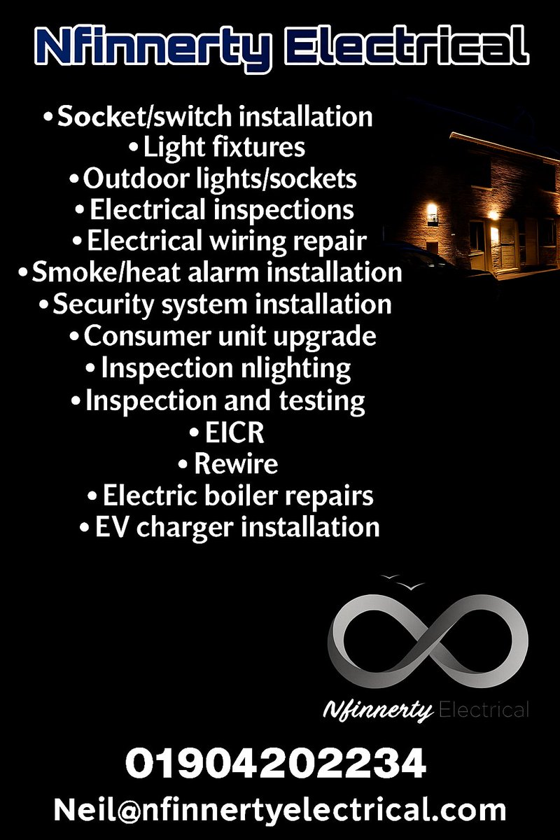 ⚡ Need a Reliable Electrician in York? ⚡
Look no further — Nfinnerty Electrical is here to help!
From small repairs to full installations, we provide a professional, trustworthy, and affordable service across York and the surrounding areas.