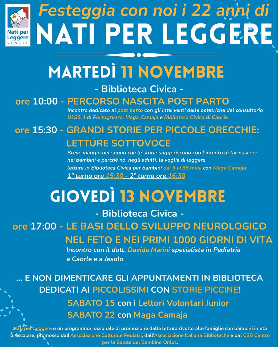 📚🧒 Caorle festeggia i 22 anni di “Nati per Leggere”. 
Appuntamenti e incontri dedicati ai più piccoli e alle famiglie nel mese di novembre ➡️ comune.caorle.ve.it/novita/caorle-… | #caorle #caorlenews