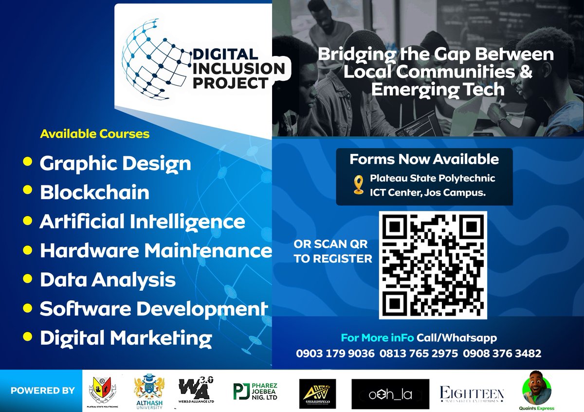📢 Registration is OPEN!
Join our Digital Inclusion Program with Plapoly &amp; Althash University.
Learn Blockchain, AI, Digital Marketing &amp; more.
📍Register via QR code attached or at innovation lab, Plapoly jos campus.
#DigitalInclusion #Web3Alliance