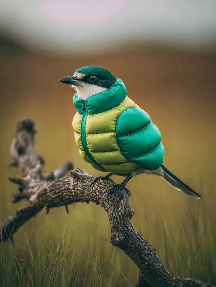 ChillaiKalan__'s tweet image. When your drip is lighter than air 

Birds in inflatable puffer jackets.

Prompt: 👇

A bird wearing an inflatable [COLOR] down jacket perched on the top of a dry tree branch. the background is a blurred green grassland, in the style of real photography with natural lighting.