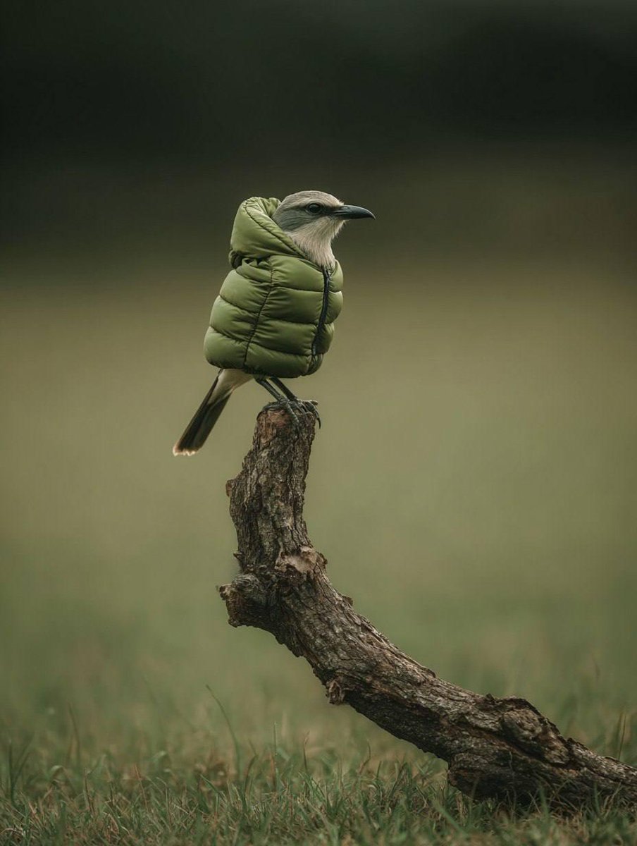 ChillaiKalan__'s tweet image. When your drip is lighter than air 

Birds in inflatable puffer jackets.

Prompt: 👇

A bird wearing an inflatable [COLOR] down jacket perched on the top of a dry tree branch. the background is a blurred green grassland, in the style of real photography with natural lighting.
