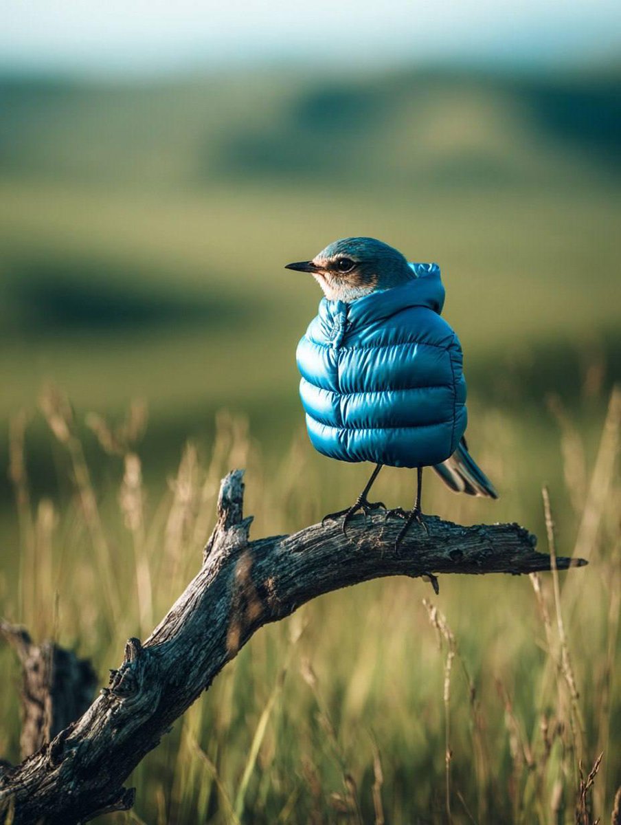 ChillaiKalan__'s tweet image. When your drip is lighter than air 

Birds in inflatable puffer jackets.

Prompt: 👇

A bird wearing an inflatable [COLOR] down jacket perched on the top of a dry tree branch. the background is a blurred green grassland, in the style of real photography with natural lighting.