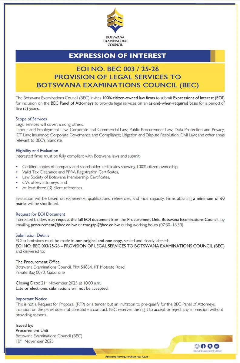 Expression of Interest: EOI No. BEC 003 / 25-26 Provision of Legal Services to Botswana Examinations Council (BEC) #BECUpdates