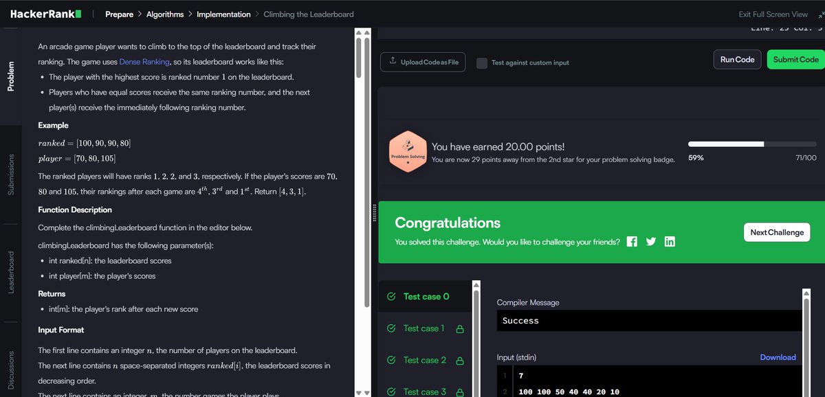 AkshatGair23428's tweet image. 💻 Just solved the classic “Climbing the Leaderboard” problem from HackerRank using C++ 🧠             (handling duplicates) and used a two-pointer approach to achieve O(n + m) time complexity! ⌨️
🔹 Rank generation logic
🔹 Efficient traversal for player scores
#DSA #Hackerrank