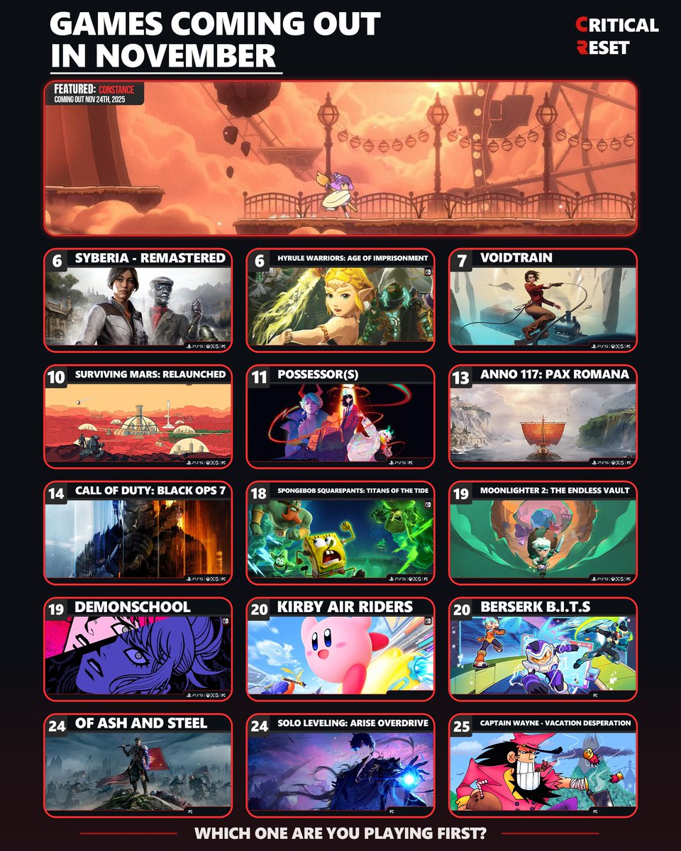 A bit late to this one. But here are some games that are coming out this November 2025.

11/11 Possessor(s)
11/19 Demonschool
11/20 Kirby Air Riders
11/24 Solo Leveling: ARISE OVERDRIVE 

Which ones have you already played and which are you looking forward to this month?