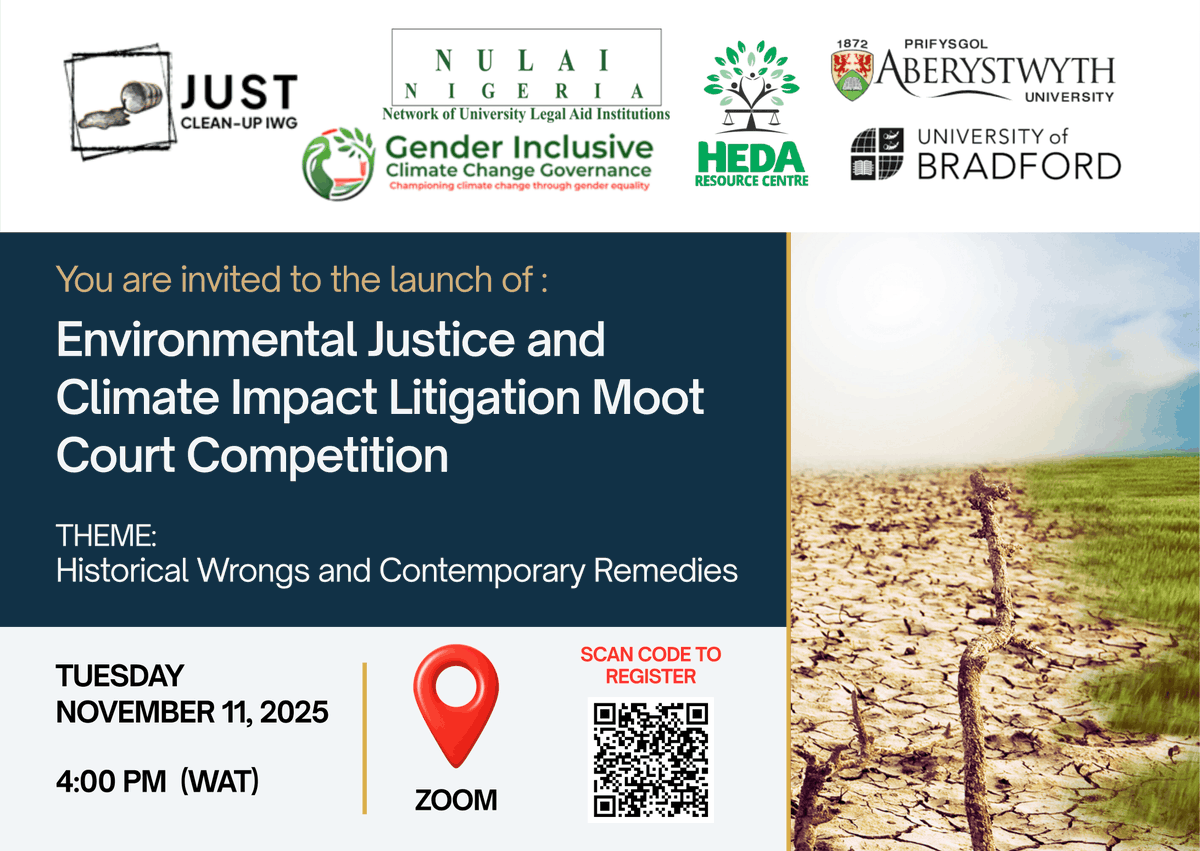 NULAINigeria's tweet photo. Shaping the Future of Environmental Justice: Join Us for the Launch of the Environmental Justice &amp; Climate Impact Litigation Moot Court. Register https://t.co/EtiELx1BAF

Date: Tuesday, November 11, 2025
Time: 4 PM - 5 PM (WAT) https://t.co/JShu5cRn49