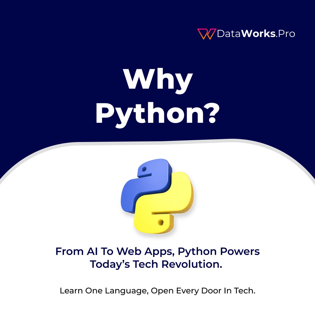 dataworks27's tweet image. Why Python?
From AI to Web Apps —Python powers today’s tech revolution
Join DataWorks.Pro &amp;amp; start your coding journey today 
#PythonProgramming #DataworksPro #LearnPython #CodingJourney #TechSkills #AITraining #WebDevelopment #CareerGrowth #FutureReady #PythonDevelopers